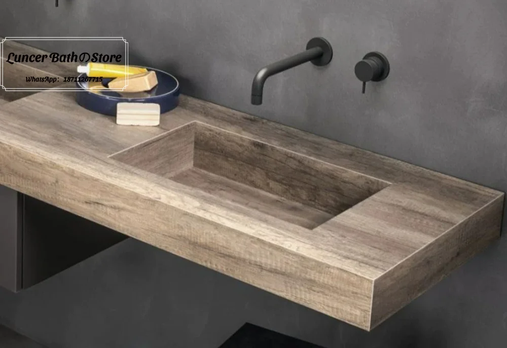 Mid-century Wall-mounted Oak & Elm Wood Bathroom Vanity, Luxury Marble Rock Slab Double Undermount Wash Basin