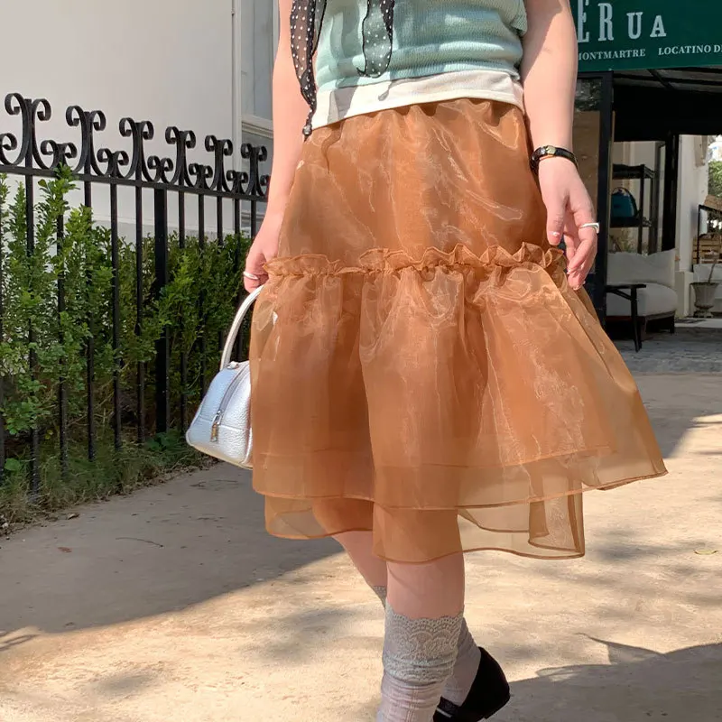 2026 Spring and Summer New Elastic Waist Splicing Mesh Skirt Women
