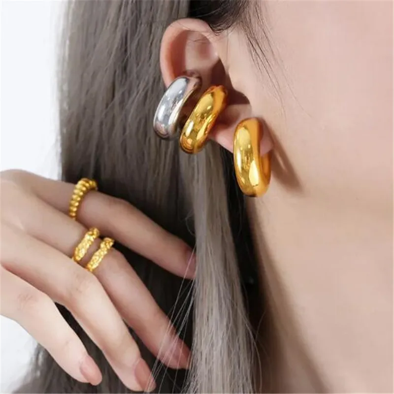 Oversize Chunky Round Circle Clip Earring for Women Gold Plated C Shape Ear Cuff Stud Tube Thick Earclips Jewelry e1241