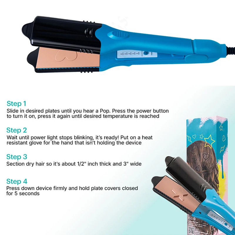 The popular titanium alloy panel-style hair straighteners/curlers come with 5 different plates that can create 3D patterns. view 6