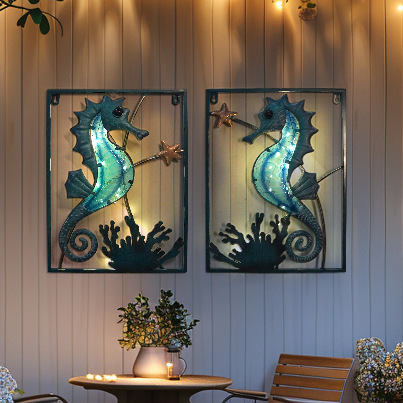 

Metal Wall Art Seahorse with Frame Bathroom Wall Art with LED Fairy Lights,Beach Decor Animal Glass Art Wall Sculpture for Pool