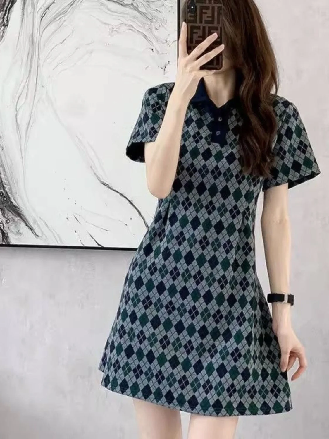 

plus Size 300 Pou Women's Midi Collar Dr Korean Sle A-Line Skirt Polyester Spandex Summer Casual Dr
