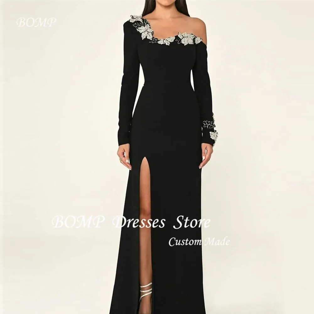 BOMP Black Formal Evening Dresses Long Sleeves Applique Side Split Soft Satin Prom Gowns Dubai Arabic Women Vestidos Customized