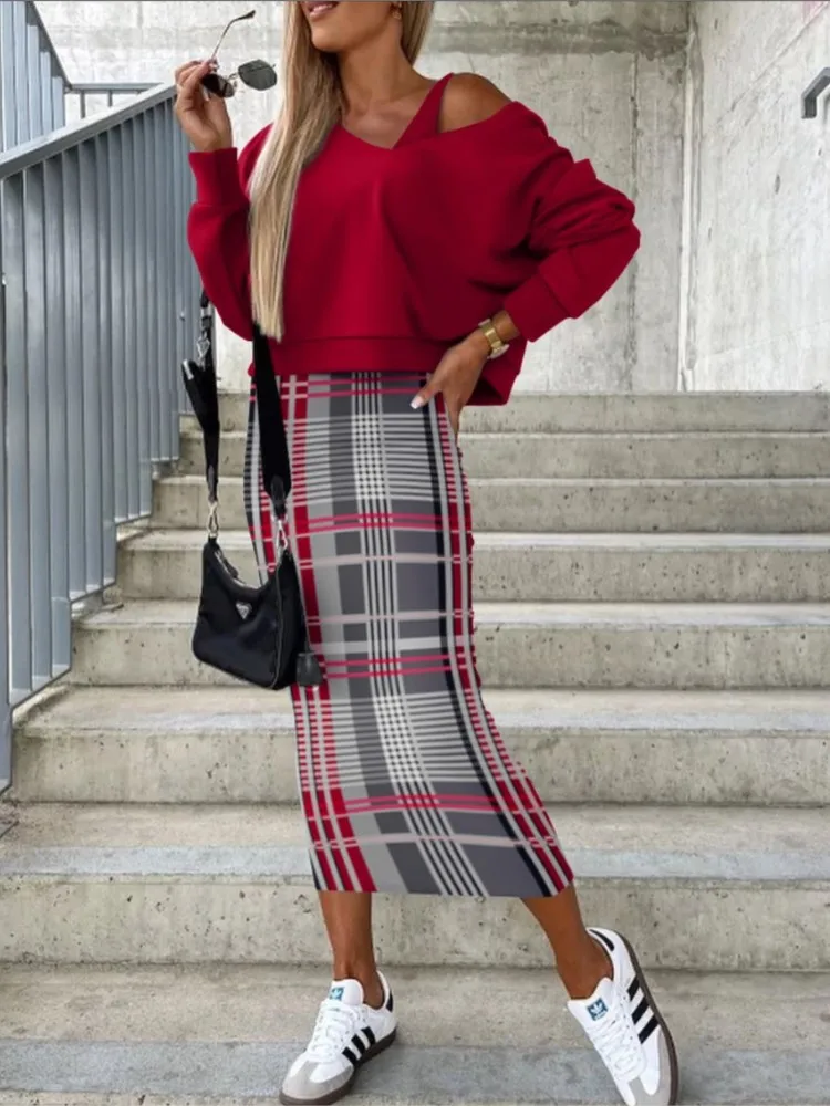 

Spring And Summer Bat Sleeve Long-sleeved Hip-wrapped Fashion Dress Two-piece Set Women's Commuting Style Elegant Dress Set