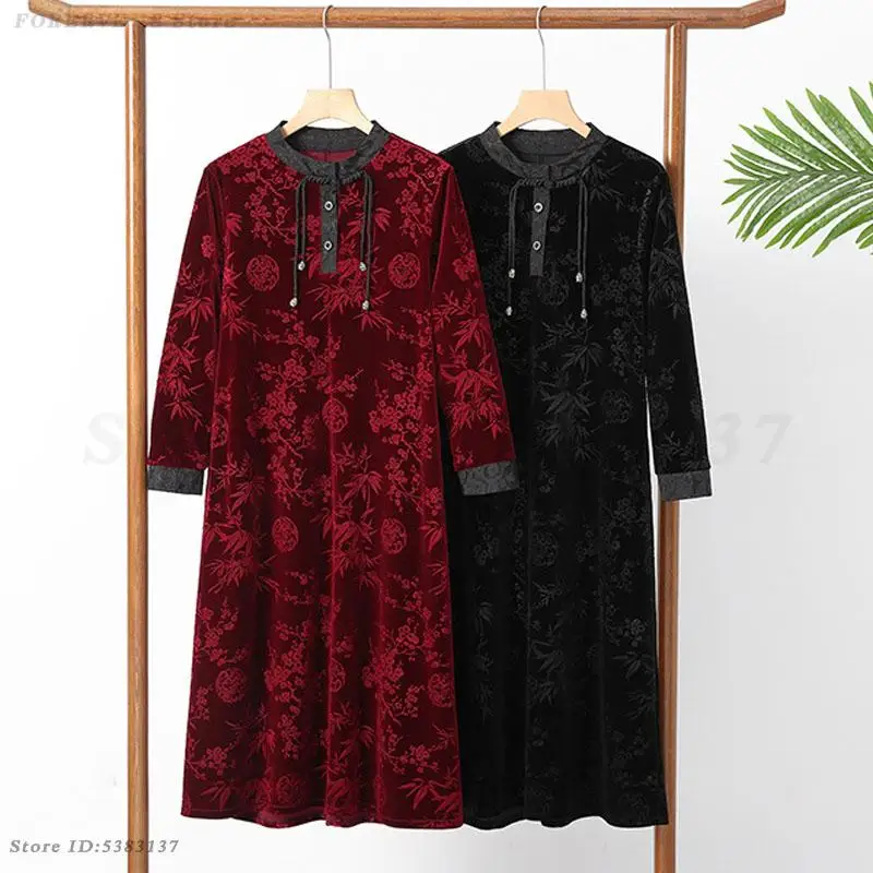 

Big Size Chinese Dress Female Retro Cheongsam Classic Elegant Oriental Clothes Qipao Autumn Velvet Print Flower Dress Vestidos