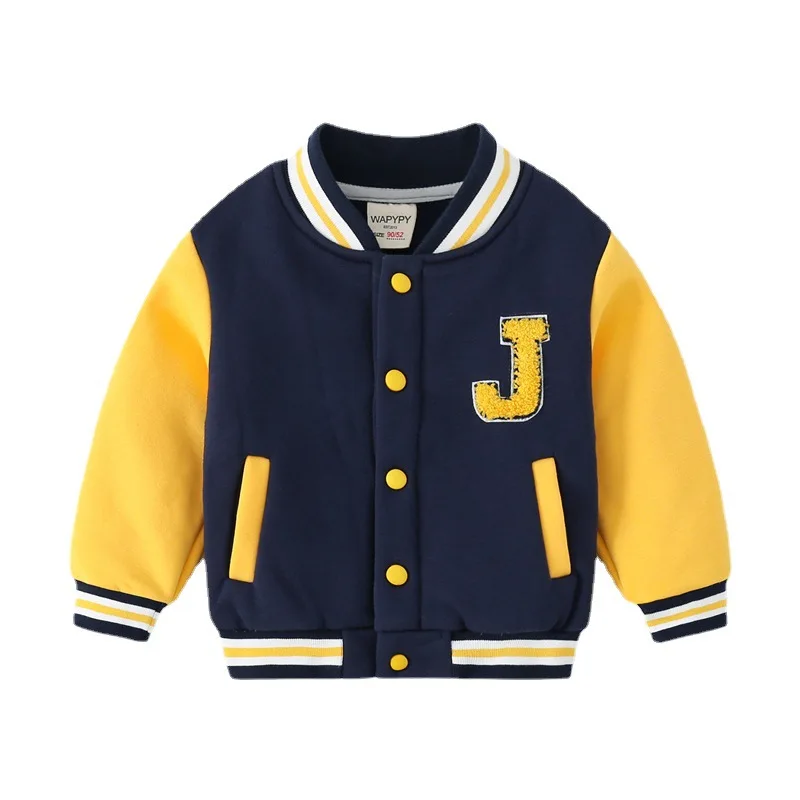 

Kids Embroidered Color-Block Long Sleeve Thicken Sweatshirt Autumn Fashion Single-Breasted Baseball Jacket for Boys, 2-7 Years