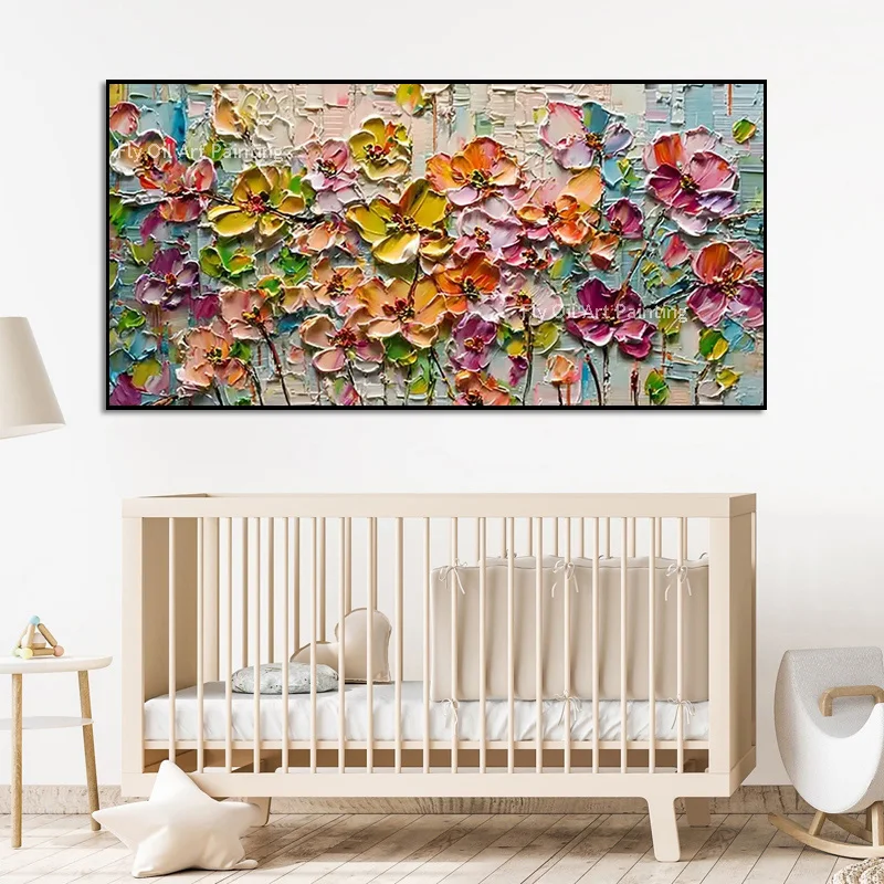 Bright Mixed Spring Wildflower Canvas Artwork, Handmade Heavy 3D Thick Texture Oil Art for Cheerful Modern Home Decor