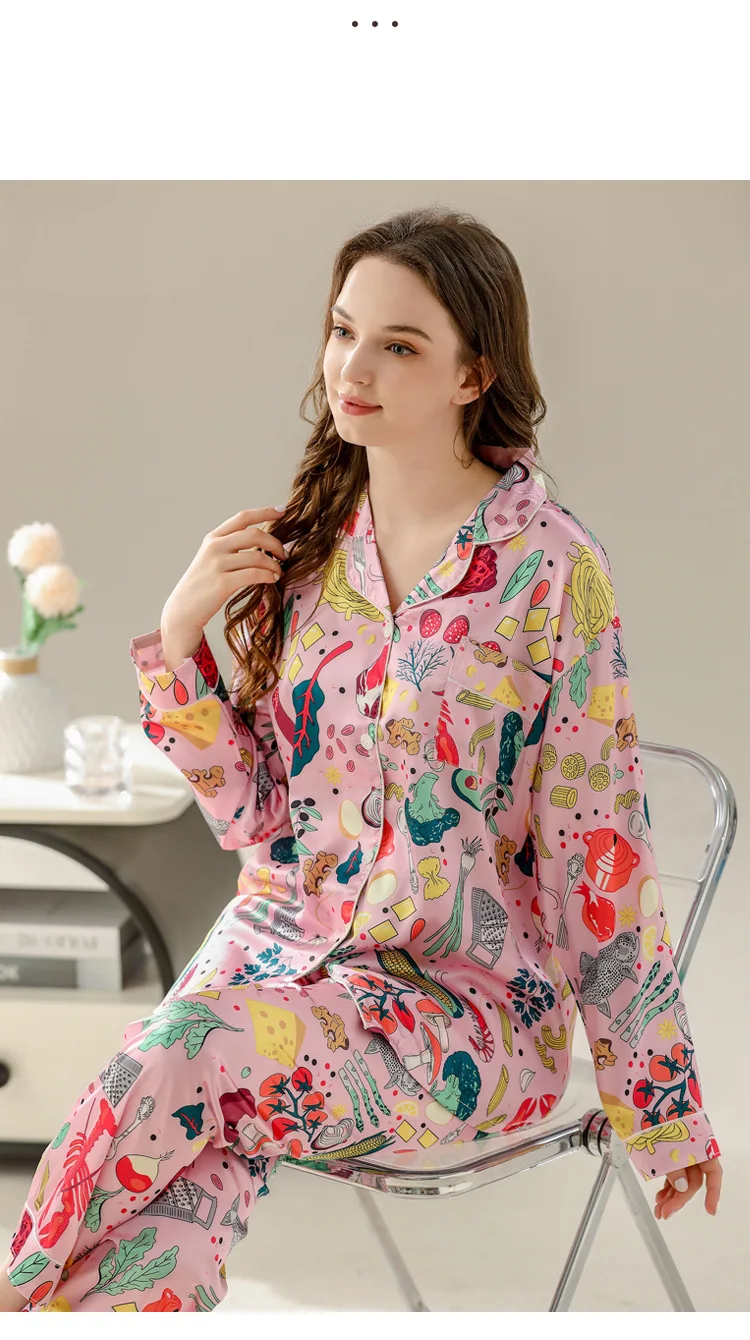 Women\'s Pajamas Sets Spring Autumn 2 Piece Print Pyjama Faux Silk Satin Sleepwear Long Sleeve Pijama Mujer Pjs Homewear