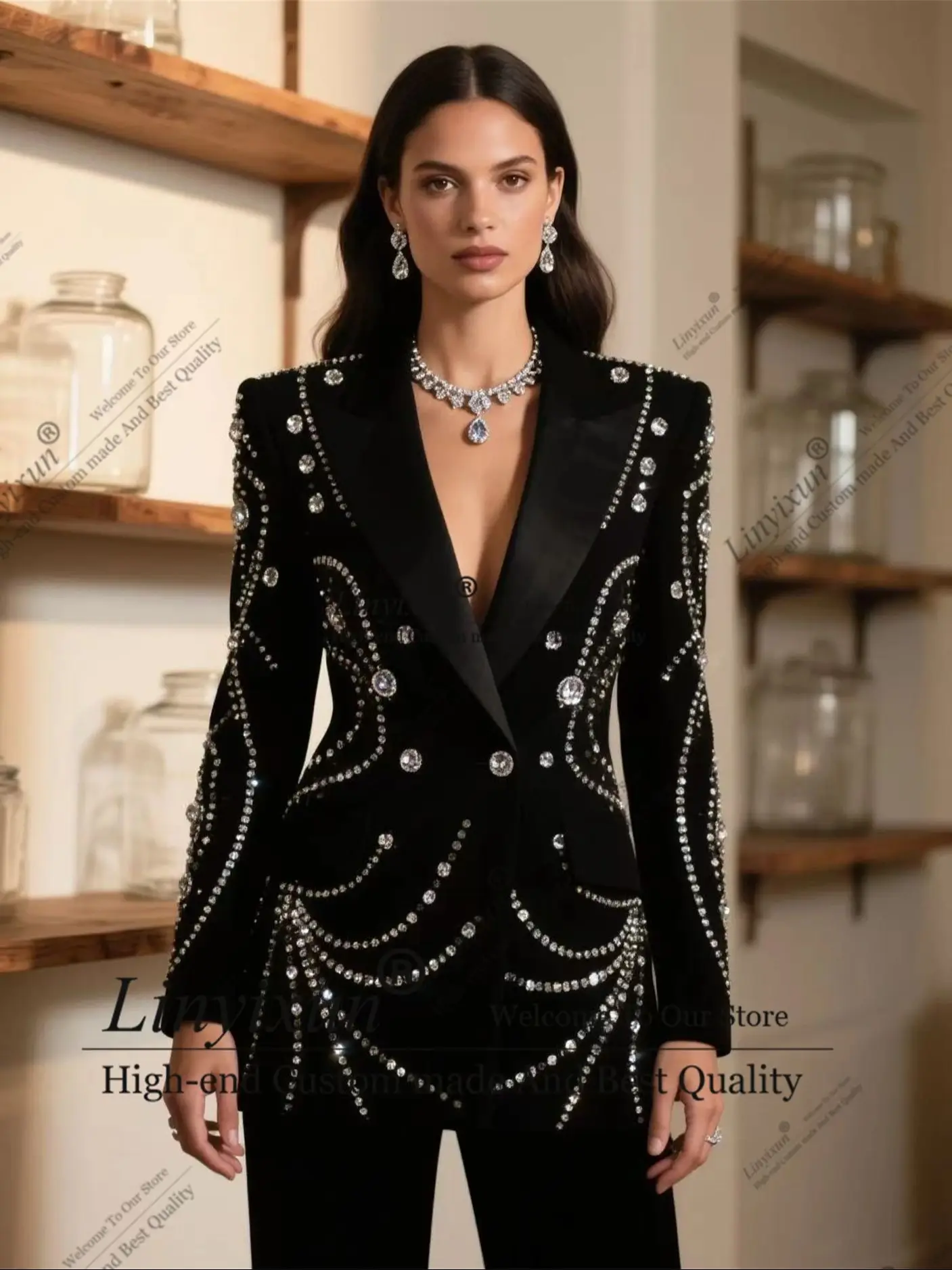 The latest high-end Design Diamond Of Bride Dresses Customized Shiny Breasted Women Pants Suits Banquet Party Tuxedo кос