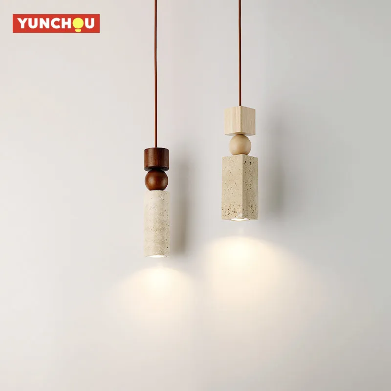 Wabi Sabi Yellow Travertine Stone Pendant Light Vintage Japanese E27 Hanging Lamp for Bedroom Bedside Kitchen Island Bar