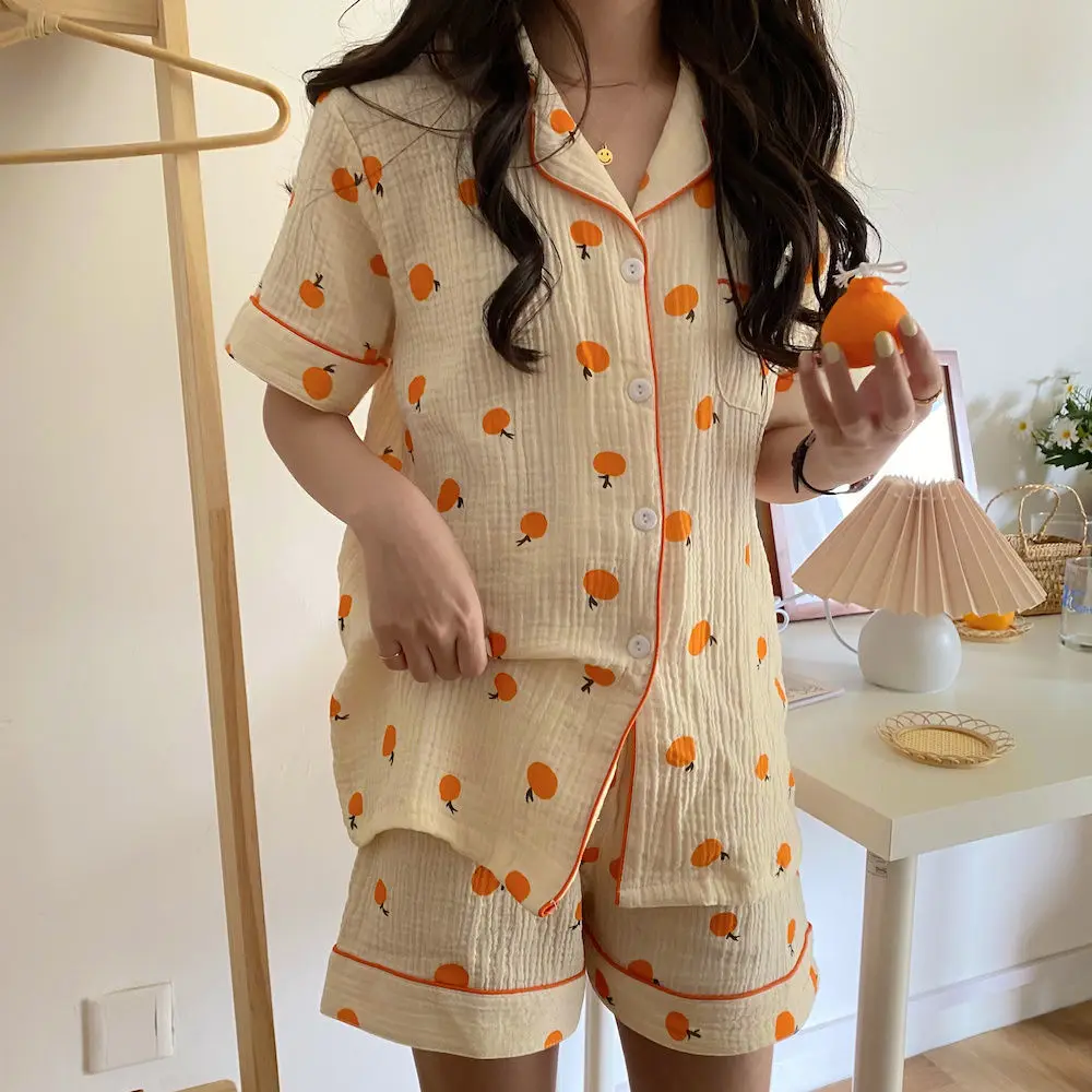 Orange Print Sleepwear Women Pajama Sets Korean Style Summer 2 Pieces Night Wears for Sleeping Student Cute Home Pajamas