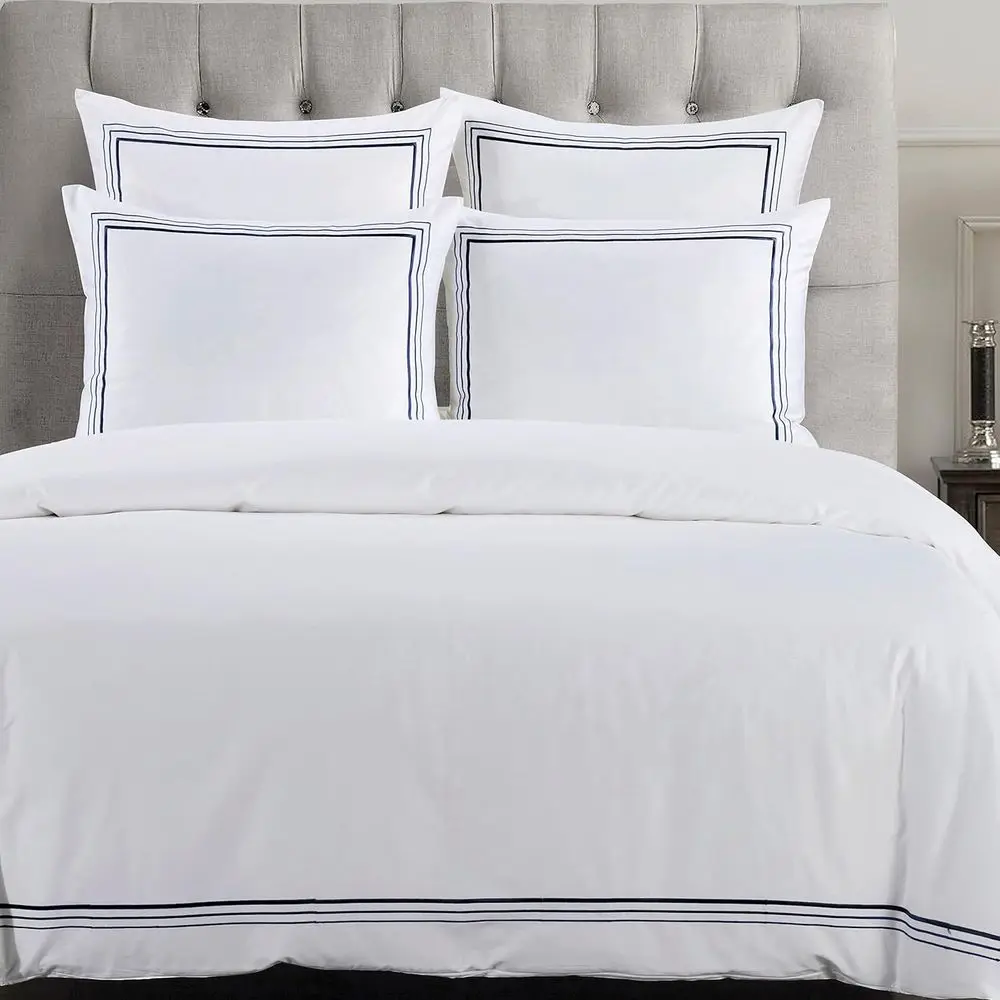 

Luxury 3-Piece Duvet Cover Set, Queen, White with Navy Embroidery, Classic Hotel Style Cotton Bedding