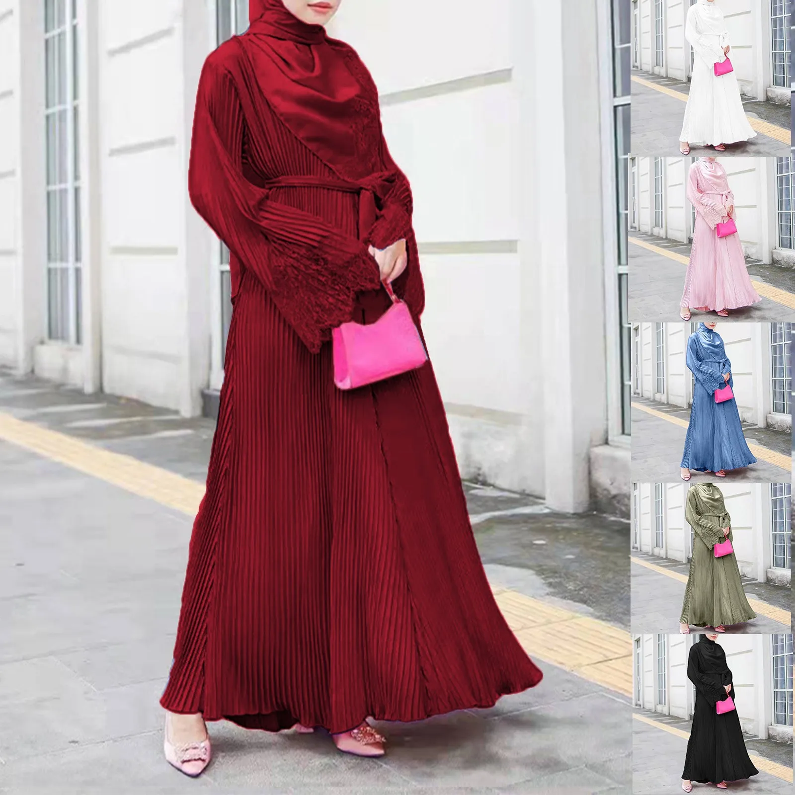 

Turkey Muslim Lace Pleated Dress Women Abaya Ramadan Eid Mubarak Kaftan Dubai Vestidos Islam Pakistani Arab Abayas Caftan Robe