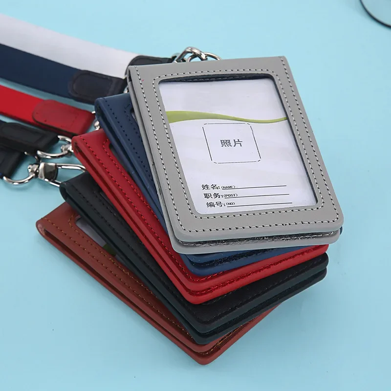 Fashion PU Leather Business Working ID Credit Card Holder Badge Wallet Pouch Unisex Foldable Identity Card Cover with Neck Strap