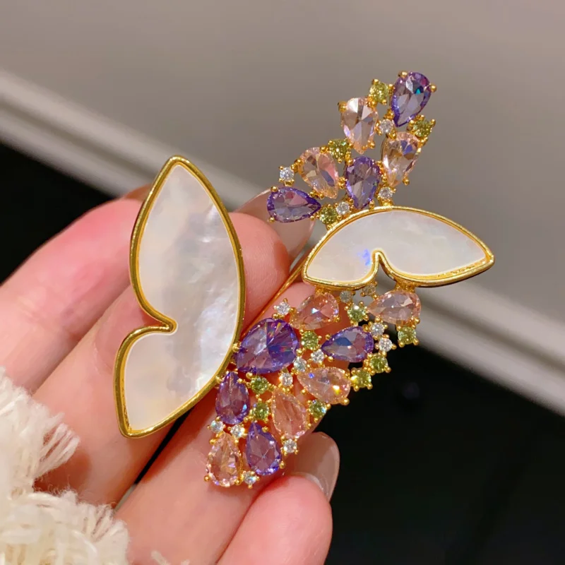Elegant MOP Wing Brooch Gold Tone Butterfly  Natural Shell & Multi-Color Zircon Sparkling fashion jewelry
