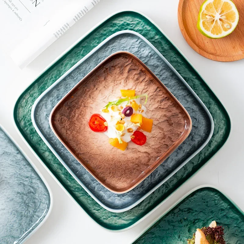 Ceramic Tableware Square Plate Stone Patterned Plate Light Luxury Restaurant Home Steak Exquisite Ceramic Tableware