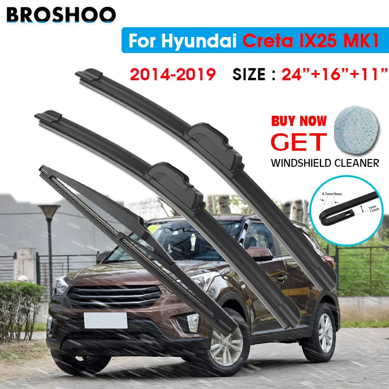 

Car Wiper Front Rear Blades Set For Hyundai Creta IX25 MK1 2014 2015 2016 2017 2018 2019 Front Rear Window 24"+16"+11"J hook