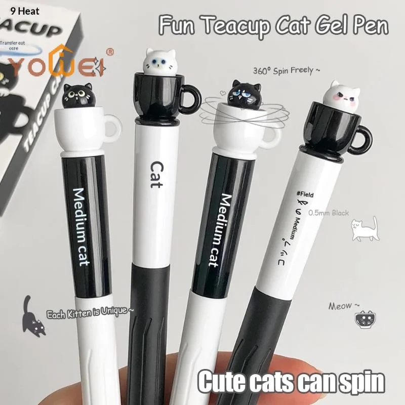 Latest Cute Teacup Cat Gel Pens 0.5mm Fun Animal Quick Dry Pen Creative Rotating Cat Pocket Pen For School & Office Use
