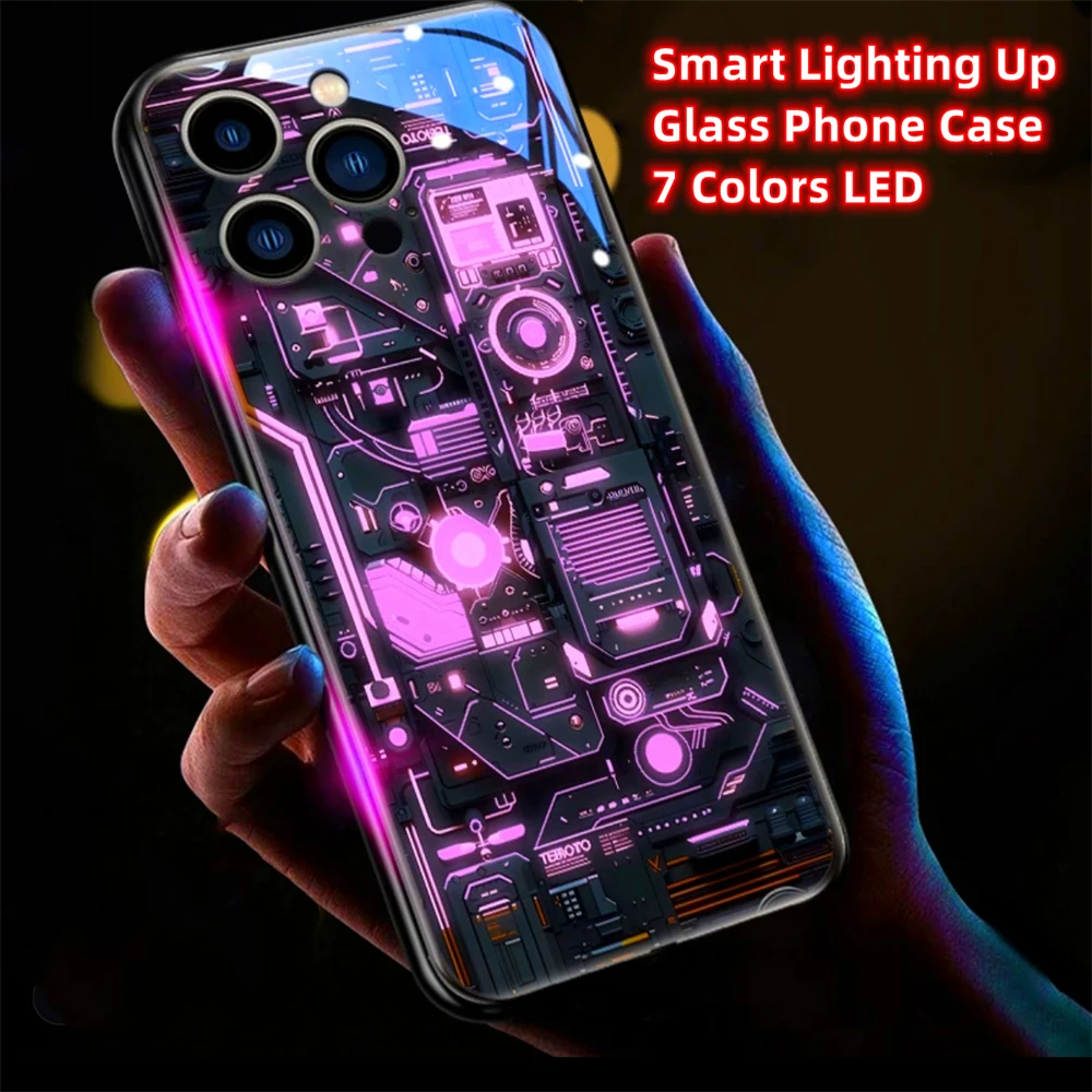 Cool Mechanical Energy Sound Control LED Flash Cases Luminous Glass Cover For iPhone Air 17 E 16 E 15 14 13 12 11 Pro Max Plus