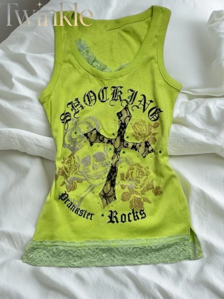 Vintage Cross Print Lace Trim Cami Tank Top Green Gothic Y2K Coquette Sweet Girl Women Summer Sleeveless Shirt