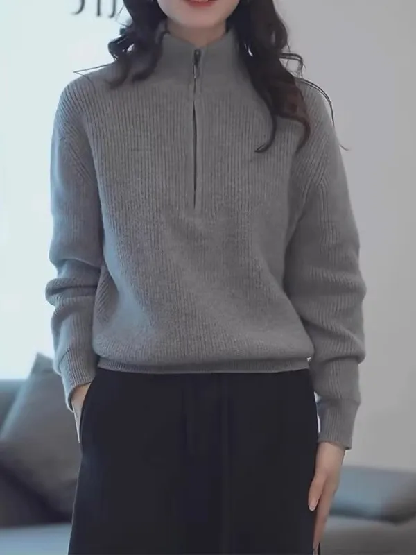 

plus Size ey Zipper f High Collar Knitted Sweater Women Autumn Winter Loose Sweater Slimming Inner Wear Top for plus Siz...