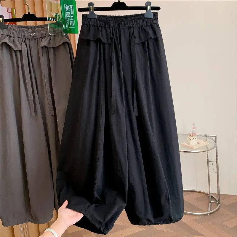 Vintage Black Ruffle Waist Balloon Pants Elastic Waist Drawstring Loose Trousers Harajuku Workwear Casual Streetwear Summer Wear