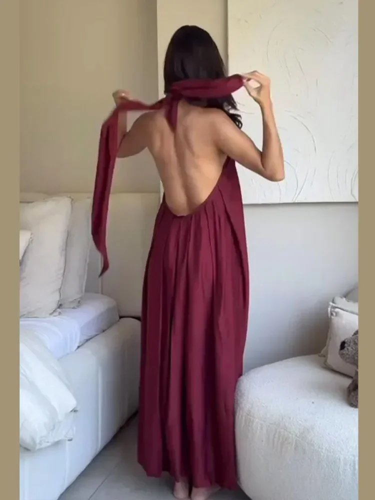 ผู้หญิง High Slit Halter SLIM FIT ชุดแฟชั่นจีบแขนกุดปิดไหล่ Backless Maxi Vestido Beach PARTY Wear