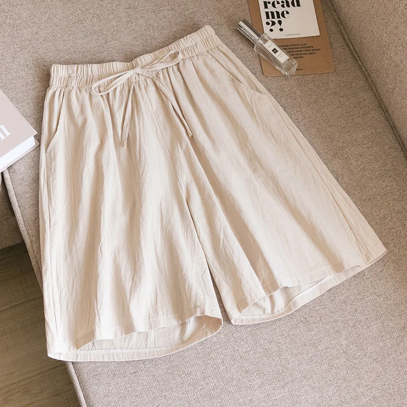 Women's Shorts High Waist Cotton Two Pocket Casual Summer Wear - Khaki