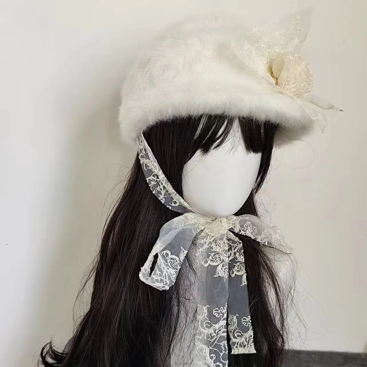Faux Fur Plush Hats Soft Women Lolita Winter Hat Kawaii Beanies Lace Rose Girl Party Costume Cosplay Prop Sweet Harajuku Hats