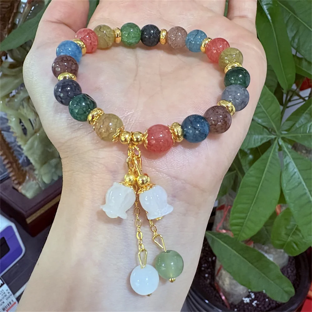 Women Fashion Colorful Tourmaline Crystal Bracelets for Men Light Luxury Orchid Pendant Beaded Bracelet Jewelry Gift