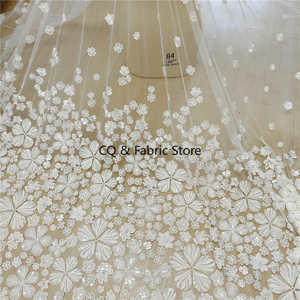 

White Sequin Mesh Embroidery Lace Fabric Wedding Dress Fabric Handmade DIY Accessories Designer Fabric By The Yard