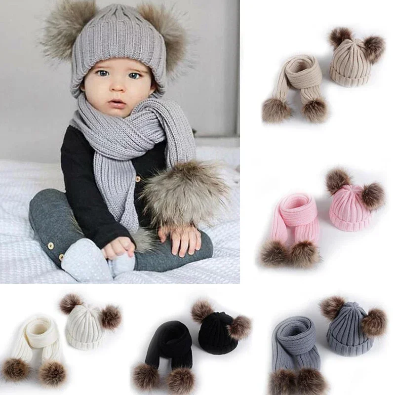 3-24 Months Winter Thick Warm Baby Hat Set Scarf for Boy Girl Cute Double Pompom Kids Children Beanie Scarves for Boys Girls