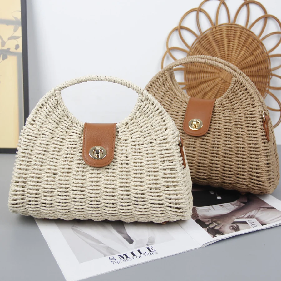 

Summer Elegant Woven Straw Bag New Solid Color Shell Hasp Shoulder Crossbody Bag Rattan Handmade Handbag Travel Beach Bags Totes