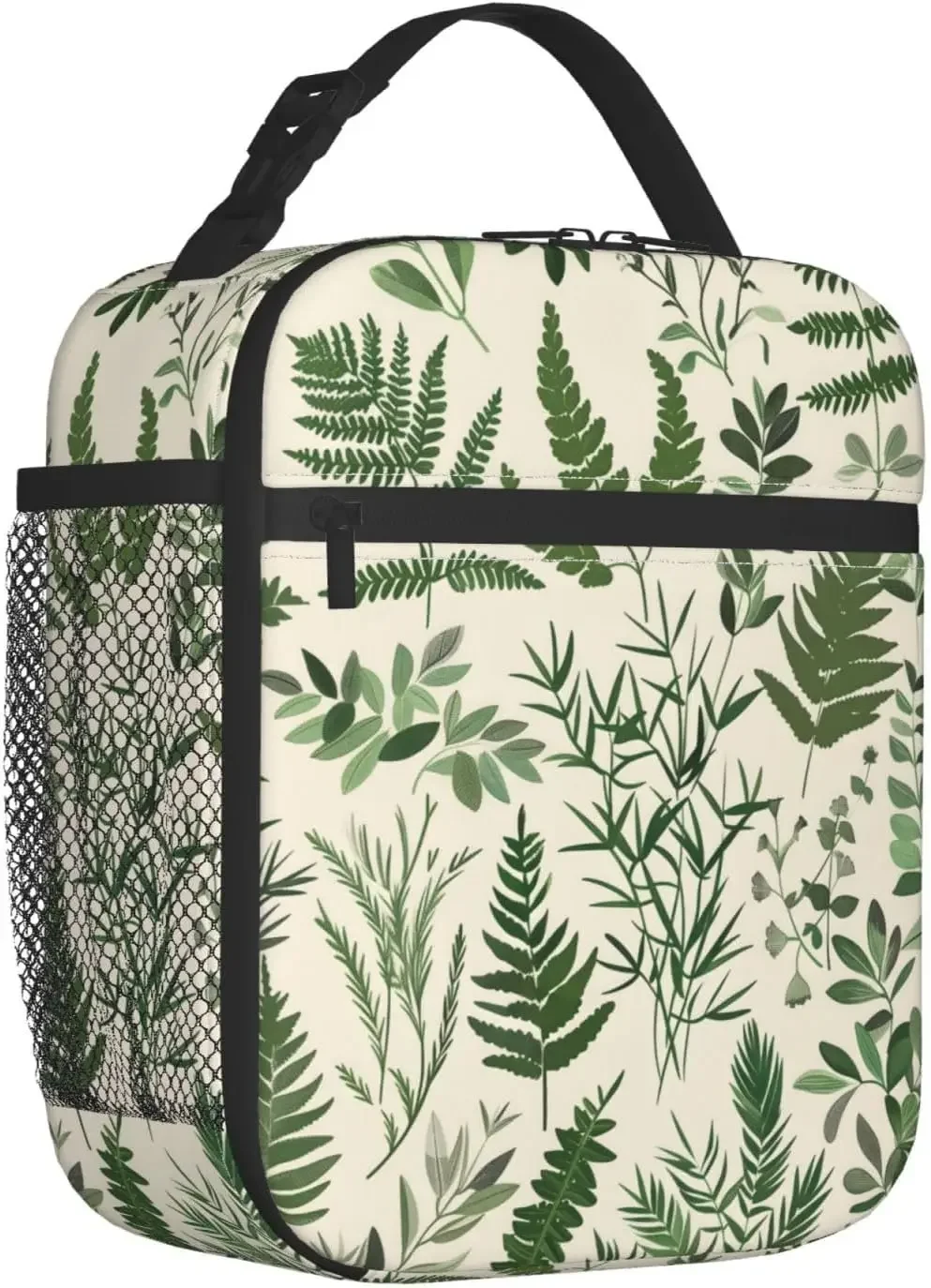 Leaf Print Lunch Box for Women Adults Kids, Insulated Cooler Polyester Green Plant Design Lunch Bag for Picnic