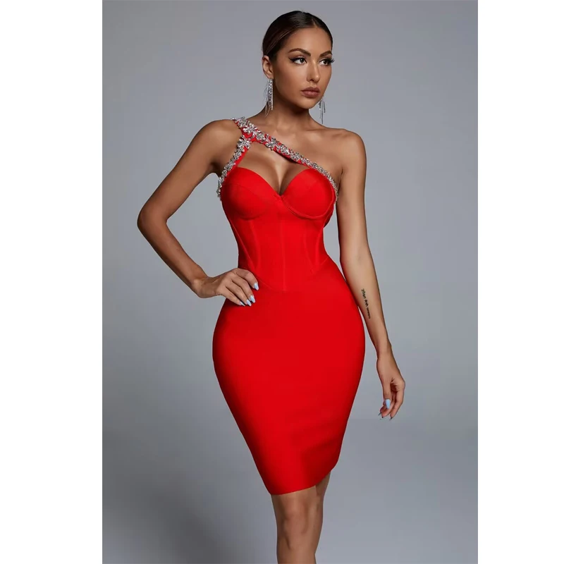 Summer Sleeveless Backless Diamond One Shoulder Diamond Mini Bandage Bodycon Celebrity Nightclub Party Women\'s Sling Dresses