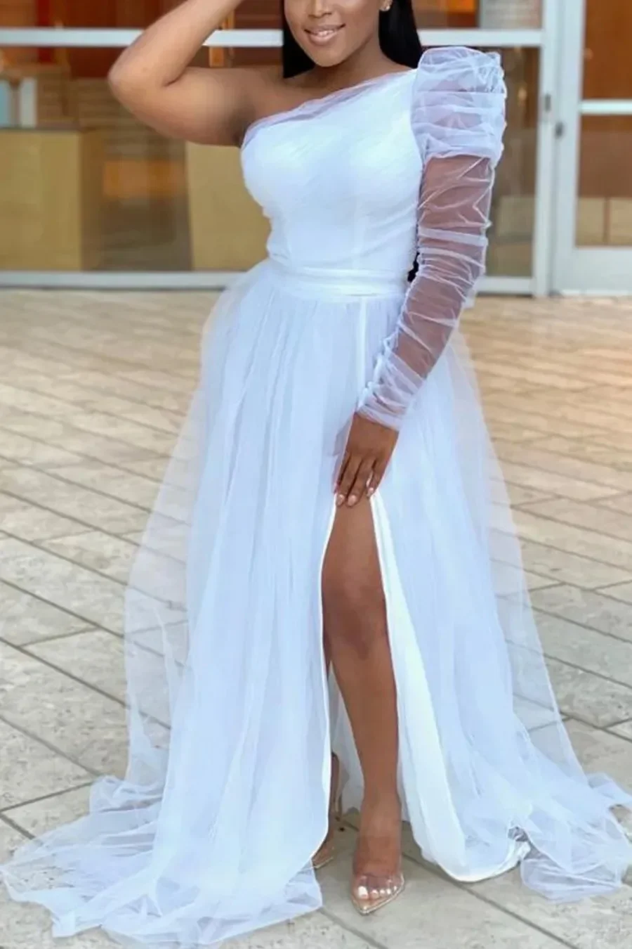 

2024 Summer Women Plus Size Slash Neck Mesh Dresses Charming High Waist One Sleeve See-through Slit Floor-length Gown Dress