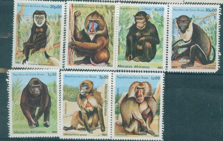 7 PCS,Guinea-Bissau,1983,Primate - Baboon,Monkey Stamps,Animal Stamps,Stamp Collection