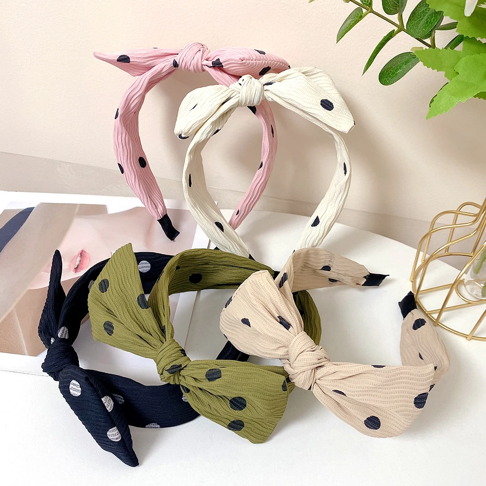 New pleated polka dot rabbit ear hair band for women, simple and fashionable square bow, wide edge headband, versatile hair clip