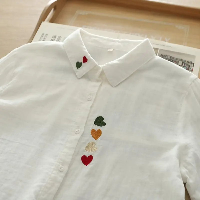 New Summer Cotton Yarn Short Sleeve Shirt Lapel Cartoon Embroidery Top Mori Girl Loose Sweet Fashion Blouse 2024 Autumn T47205QM