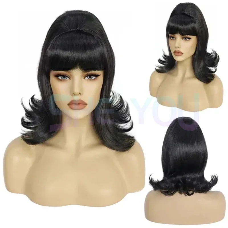 Synthetic hair short 70s pinup pelucas 60s black retro beehive flip wigs for women wig cap