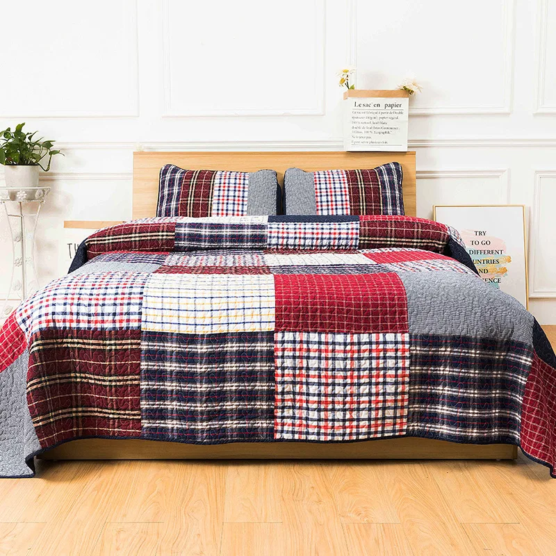 

100% Cotton Handmade Patchwork 3PCS Quilted Bedspread Set, Plaid Bedding Comforter, All-Season Comfortable Home Decor Gift Quilt