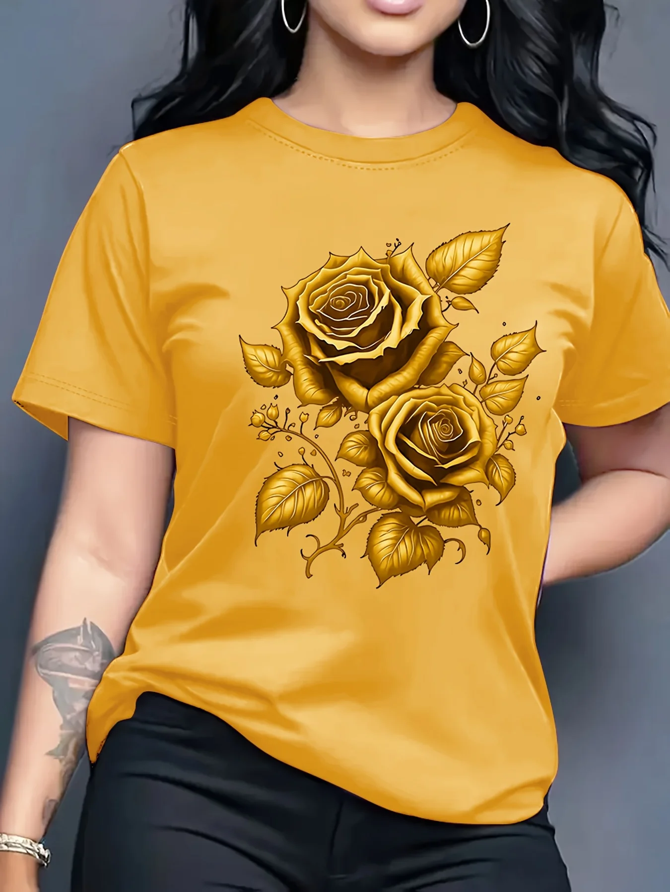 T-shirt à imprimé rose pour femme, col rond, design simple, polyvalent, adapté aux loisirs quotidiens, style naturel et élégant