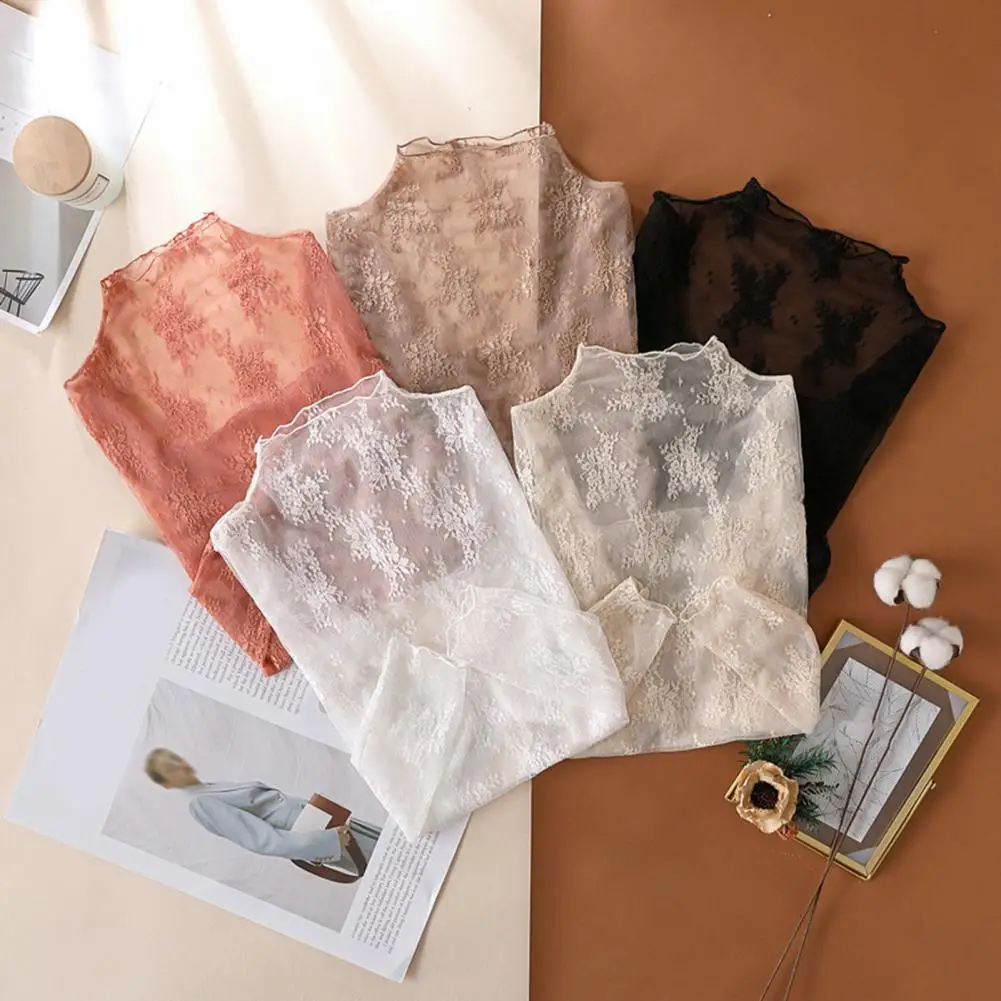 

Women Lace Shirt Versatile Lace Top Elegant Lace Flower Pattern Women's Shirt Sexy See-through Embroidery Top Half High Collar