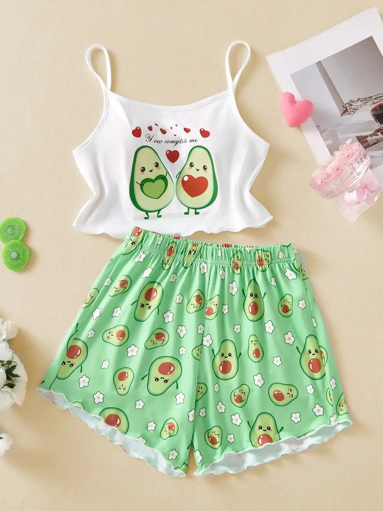Girls' fashionable home clothing set summer style, girls' outdoor leisure cute avocado smiling face love letter tank top shorts