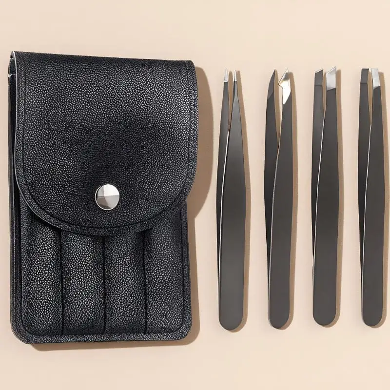 HOT! Colorful Stainless Steel 4 Pcs Tweezer Set For Women And Men's Eyebrows & Eyelashes Comes With Storage Bag