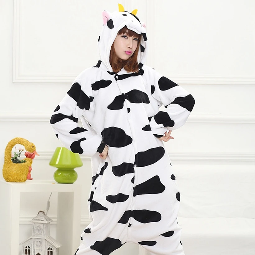 Women Men Onesies Cow Kigurumi Animal Pajamas Unisex Adults Flannel Hooded Jumpsuits Zipper Sleepwear Anime Party Cosplay