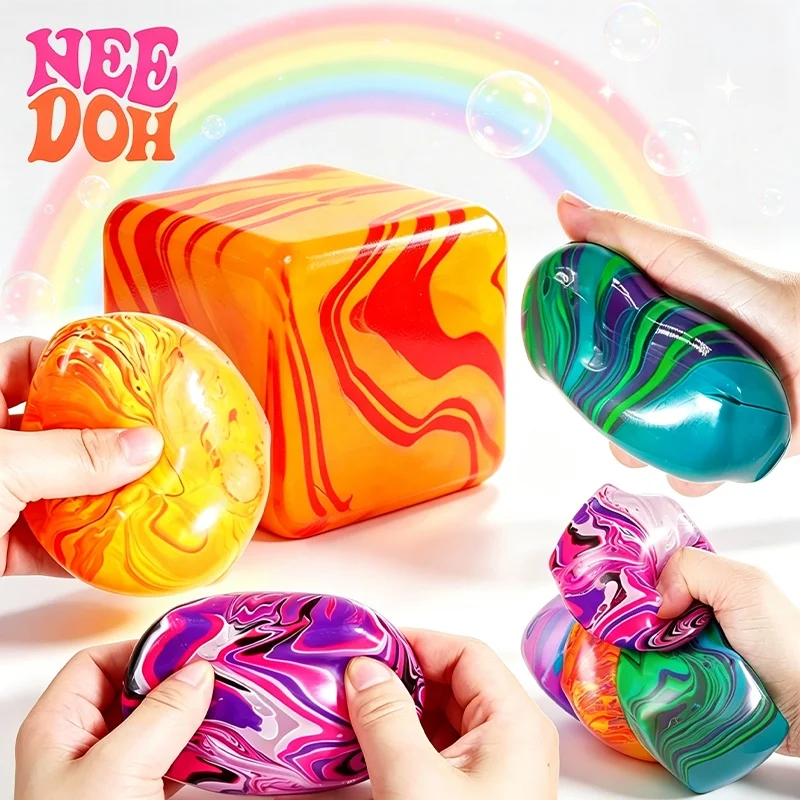 Schylling Needoh Nice Cube Maltose Slow Rebound Squeeze Toy Rhyolite Swirl Solid Mixed Colors Stress Anxiety Relief Toy Gift