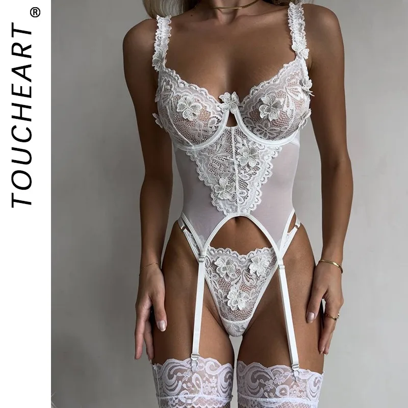 

Toucheart Embroidery Floral Sexy Lingerie Panty Garters3PCS Skinny Plunge Patchwork See-through Romantic Private Interesting Set