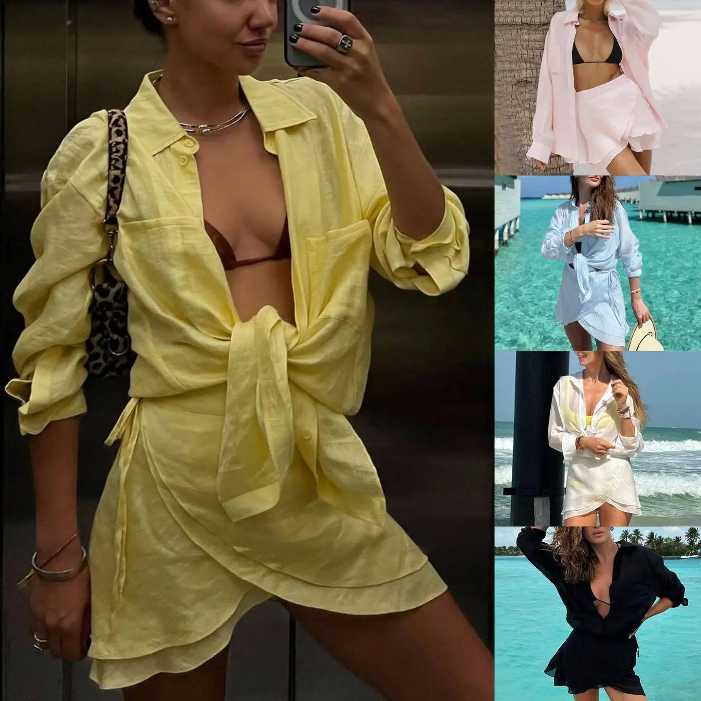 

High Waist Long Sleeve Shirt Skirt Set Women's Fashion Casual Outfit Belted Turn-down Collar Cross-border New Style
