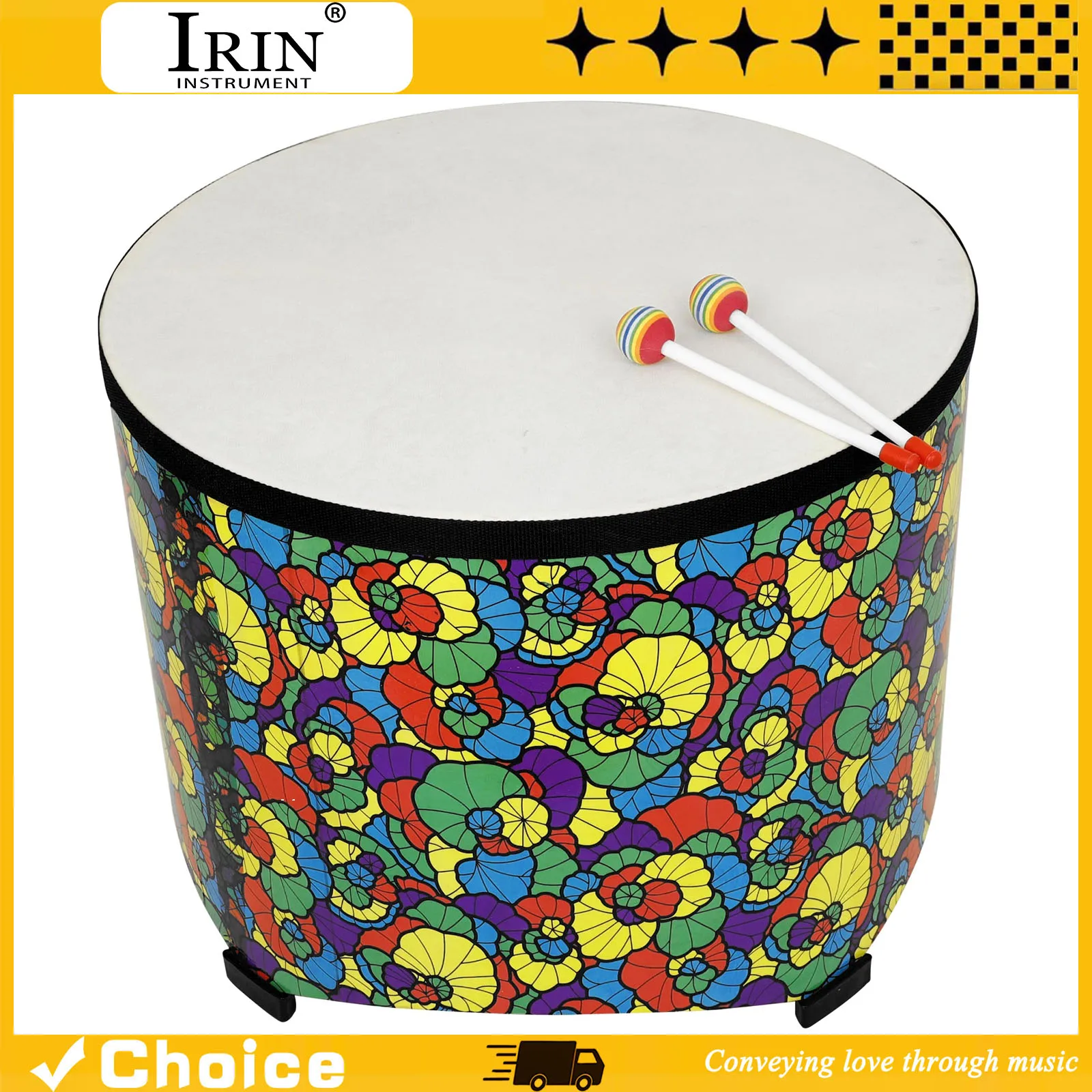 Orff Floor Drum Sheepskin Ground Drum Floor Tom Drum Performance Drum with Drumstick Percussion Instrument Gifts